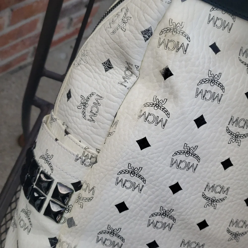 MCM Unisex Visetos Stark Studded Backpack White Black Monogram Luxury